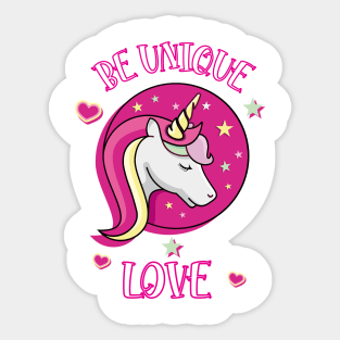 Be Unique Love Beautiful Unicorn Head With Stars And Hearts Pink Sticker